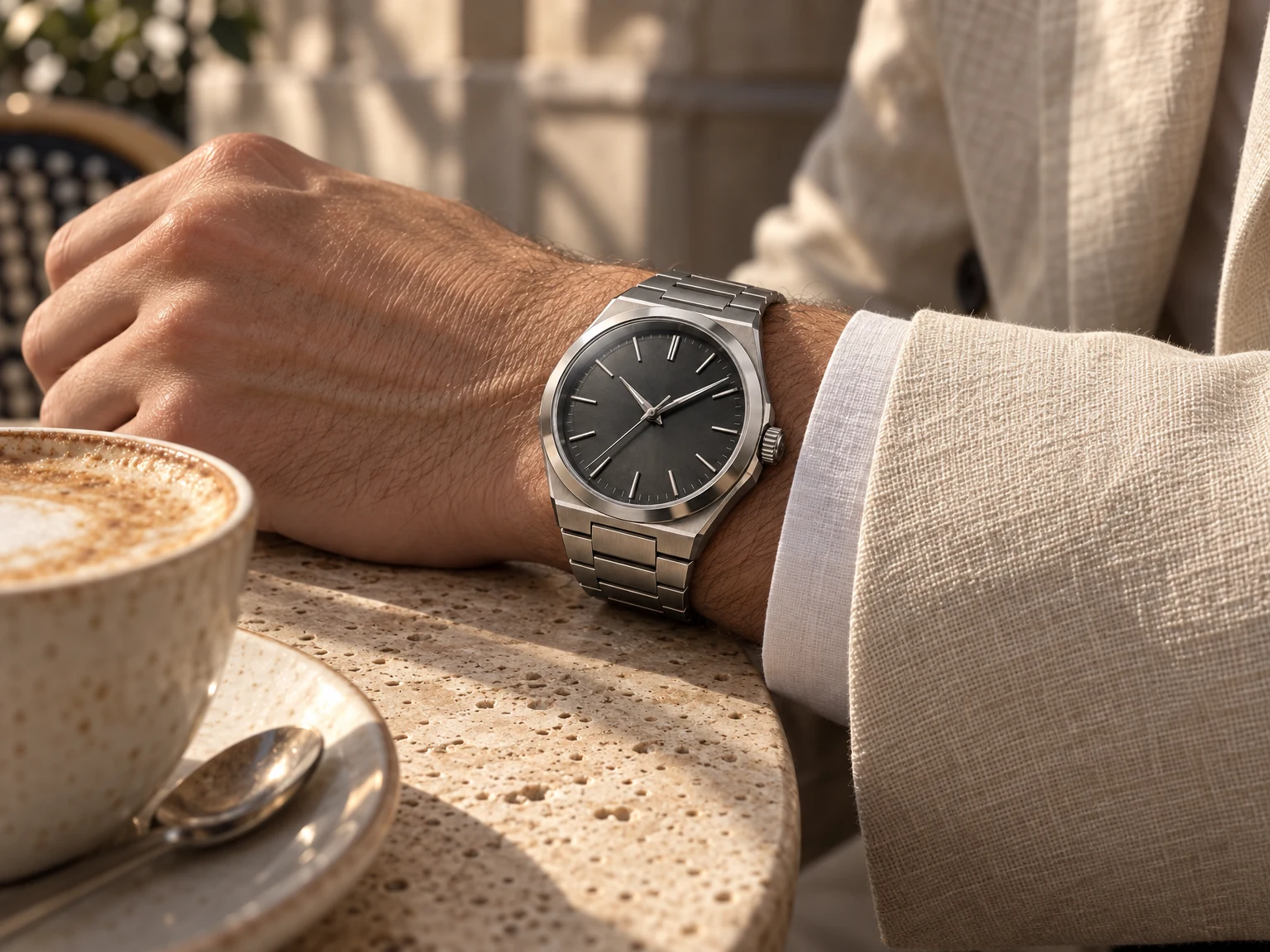 The Nocturne worn with a linen jacket in afternoon light